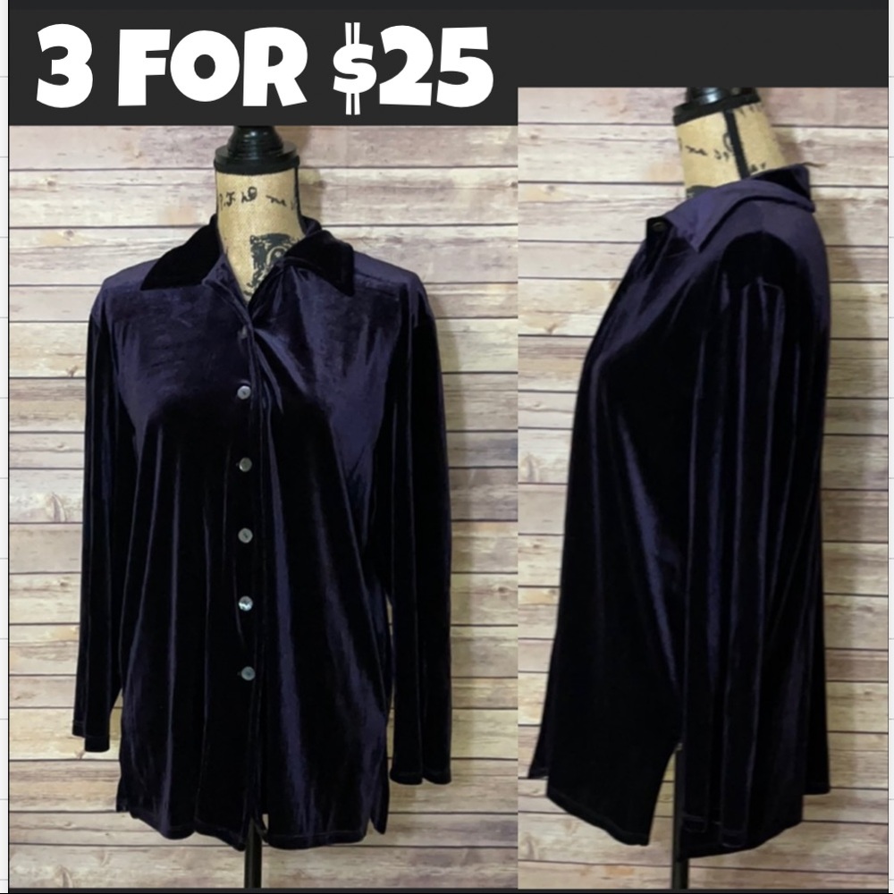 Max Studio Purple Velvet Button Down Long Sleeve Top M